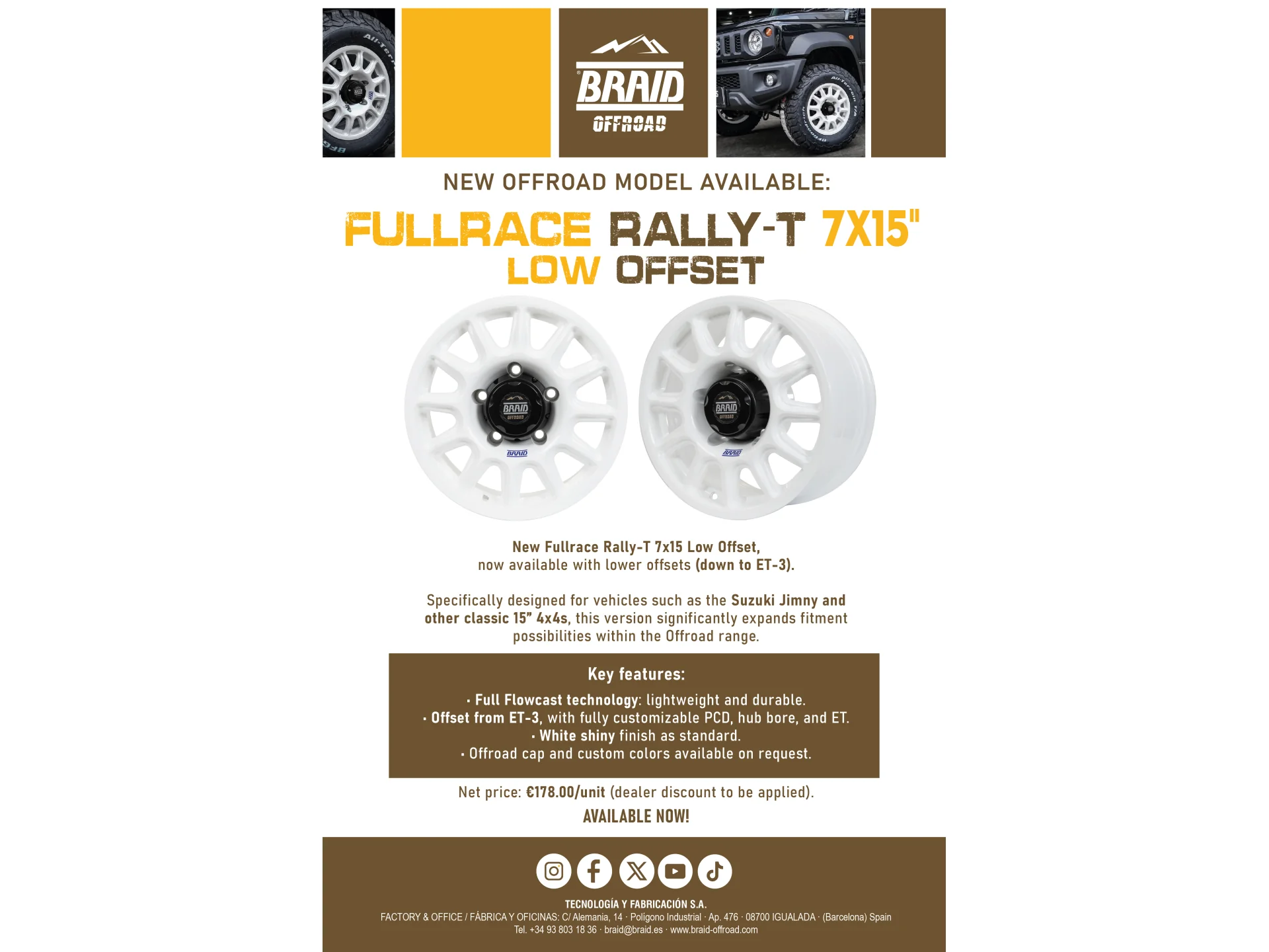 Jante Alu BRAID Fullrace Rally Blanche 7x15 5x139.7 ET-3 - Image 2